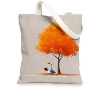 Duck Canvas Tote Bags, Cute Animal Tree Design Reusable Shopping Bags, Cozy Fall Lightweight Washable Shoulder Strap Canvas, Beige, 13x15 Inch