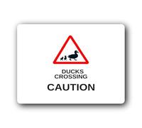 Duck crossing caution sign, indicating the presence of ducks crossing a road or path. Sign - 9.5x9.5cm Brushed Aluminium