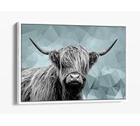 Duck Egg Blue Animal Geo Collection Highland Cow Giraffe Print Canvas Floater Frame Print Picture Art - White Frame 36 inch wide x 24 inch high