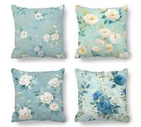 Duck Egg Cushion Covers, Large Cushions 70x70 cm Set of 4, Soft Wrinkle-Free Linen Flower Cushion Covers for Sofa Garden Outdoor Cushions Decorative Pillows, Cooling Pillow Cases for Summer Fall K-814