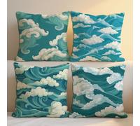 Duck Egg Cushion Covers Waves Cushions Covers 60x60 cm Set of 4 for Sofa Bed Square Linen Decorative Pillowcase Double Sided Printing Throw Pillow Case Indoor Home Room Decor, Gifts for Women b-1338