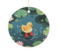 Duck in Rainy Pond Double-Sided Ceramic Christmas Ornaments - Round Hanging Mini Xmas Tree Decorations, Ideas for Farmers, Rustic Home Decor for Indoor Outdoor Tree Decor