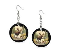 Duck Moose Earrings for Women Round Dangle Earrings Wooden Drop Earring Jewelry Gifts