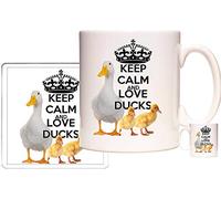 Duck Mug and Coaster Set, Keep Calm and Love Ducks. Lovely Ceramic Gift Mug and Coaster Featuring a White Duck and Some Cute Ducklings.
