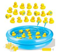 Duck Pond Couples Set for Kids - 20 Plastic Ducks with Numbers, 25" x 5" Kiddie Pool | Storage Bag, 2 Nets - Fun Memory Games - Play Set