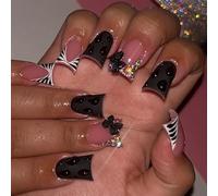 Duck Press On Nails French Tip Fake Nails Glues Ons Bows Rhinestones Design Acrylic 24Pcs Duck False Glues On Nail