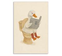Duck Reading Newspaper on Toilet Poster, Quirky Animal Bathroom Canvas Wall Art, Farmhouse Silly Goose Picture Restroom Wall Decor, Whimsical Pastel Beige Kids Bathroom Print 12x16in Unframed