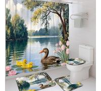 Duck Shower Curtain Sets, Nature Realistic Yellow Ducklings Lily Pads Summer Green Washable with Hooks Bathroom Bathtub Shower Curtain Sets with Rugs for Bathtub Toile Guest Room Decor 72x72 Inch
