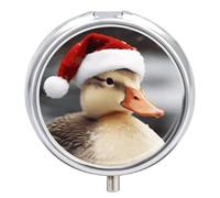 Duck Wearing Santa Hat Metal Pill Organizer, 3 Compartment Waterproof Pill Case with Mirror for Purse Pocket Bag, Daily Medicine Vitamin Holder, Portable Travel Med Container(Round)