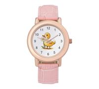 Duck with Daisy Flower Women's Wrist Watches Pink Leather Strap Round Case Three-Hand Casual Ladies Watches