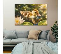 Duckling in Pond with Lily Pads Wall Art Canvas Print, Spring Home Decor | Printed canvas picture works for guest room; it adds visual interest without changing the furniture layout