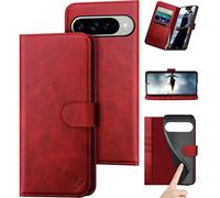 DuckSky Compatible with Google Pixel 10/10 Pro 6.3" Genuine Leather Wallet case【RFID Blocking】【4 Credit Card Holder】【Real Leather】 Flip Folio Book Phone case Cover Women Men for Pixel 10 case Red