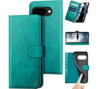 DuckSky Compatible with Google Pixel 9A Genuine Leather Wallet case【RFID Blocking】【4 Credit Card Holder】【Real Leather】 Flip Folio Book Phone case Cover Women Men for Pixel 9A case Blue Green