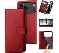DuckSky Compatible with iPhone 17 Pro Max 6.9" Genuine Leather Wallet case【RFID Blocking】【4 Credit Card Holder】【Real Leather】 Flip Phone case Cover Women Men for Apple 17 Pro Max case Red