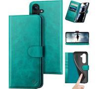 DuckSky Compatible with Samsung Galaxy S25 Genuine Leather Wallet case【RFID Blocking】【4 Credit Card Holder】【Real Leather】 Flip Folio Book Phone case Cover Women Men for Samsung S25 case Blue Green