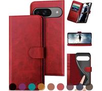 DuckSky for Google Pixel 9 5G/Google Pixel 9 Pro 6.3 Genuine Leather Wallet case【RFID Blocking】【4 Credit Card Holder】【Real Leather】 Flip Folio Book Phone Cover Women Men for Pixel 9 case Red