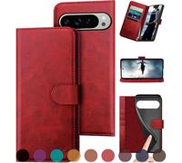 DuckSky for Google Pixel 9 Pro XL 6.8" 5G Genuine Leather Wallet case【RFID Blocking】【4 Credit Card Holder】【Real Leather】 Flip Phone Cover Women Men for Pixel 9 Pro XL case Red