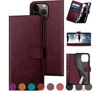 DuckSky for iPhone 13 Pro 6.1" Genuine Leather Wallet case【RFID Blocking】【4 Credit Card Holder】【Real Leather】 Flip Folio Book Protective Cover Women Men for Apple 13Pro Phone case Wine Red