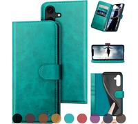 DuckSky for Samsung Galaxy S23 FE Genuine Leather Wallet case 【RFID Blocking】【4 Credit Card Holder】【Real Leather】 Flip Folio Book Phone case Protective Cover Women Men for S23FE case Blue Green