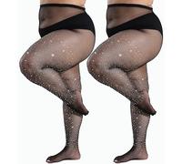 DUCMODA Queen Plus Size Rhinestone Fishnet for Women, Super Strong 10X Sparkle Tights, Women Sexy Sparkly Party Concert Stockings-2 Black-3XL-4XL