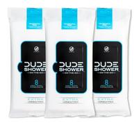 DUDE Shower Body Wipes Unscented Naturally Soothing Aloe and Hypoallergenic, Portable Travel-Sized Individual Cleansing Cloths for Men, 8 Count (Pack of 3)