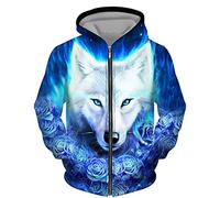 DUDSOG Men's Zip Hoodie Starry Sky Wolf 3D Printed Sweater Casual Pullover Hooded Sweatshirt