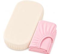 Dudu N Girlie Moses Basket Sheets 74x30cm -Cream & Pink, 2 Pack, 100% Jersey Cotton Fitted Bedding for Carrycots & Prams