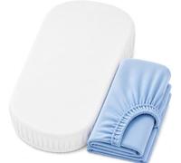 Dudu N Girlie Moses Basket Sheets 74x30cm - White & Blue, 2 Pack, 100% Jersey Cotton Fitted Bedding for Carrycots & Prams