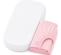 Dudu N Girlie Moses Basket Sheets 74x30cm - White & Pink, 2 Pack, 100% Jersey Cotton Fitted Bedding for Carrycots & Prams