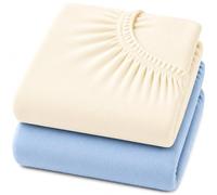 Dudu N Girlie Travel Cot Sheets 95 x 65 cm - Cream & Blue, 2 Pack, 100% Jersey Cotton, Compatible with Graco, Joie & Red Kite