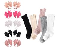 DUDUFUN 5 Pairs Baby Girls Kids Bow Ruffled Stockings Infants Toddler Knee High Socks with 5 Pairs Bow Hair Rope.1-3 Years