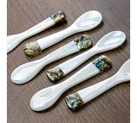 DUEBEL Set of 6 Mother of Pearl MOP Caviar Spoons with Green Abalone Decoration for Caviar, Egg, Icecream, Coffee Serving (White, 9x2.4cm)