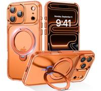 DUEDUE Magnetic for iPhone 17 Pro Case with 360° Rotating Stand [Compatible with Magsafe] Invisible Ring Holder, Transparent Back, Military-Grade Shockproof Phone Case for iPhone 17 Pro 6.3", Orange