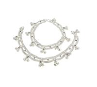 Duel On Jewel Ethnic Indian Pakistani Paizeb Anklet Payal Pair Silver Tone Beads Curved and Studded with White Glass Stones, 9.63 Inch, Silver