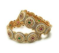Duel On Jewel Indian Pakistani Bridal Women’s Openable Kada Bangle Bracelet Sets, Gold-Plated with Zircon, Polki, Meenakari Enamel, Filigree Designs, 0.75-1.38 Inch Width, Medium Size 2-6, Party Gift