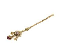 Duel On Jewel, Traditional Indian Round Maang Tika Gold Plated with Red Teardrop Stone and Small Charms Headpiece - Party Dance Wedding for Women and Girls