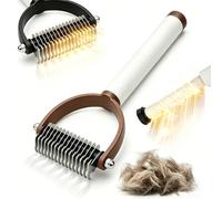 Duel Sided Pet Grooming Comb, Double Sided Dematting Comb for Cats & Dogs, Safe Deshedding Grooming Tool, Gentle Matt Remover Detangler for Long Thick Haired Pets, Ergonomic Pet Grooming Brush (Brown)