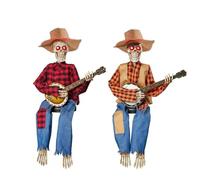 Dueling Banjo Skeletons, Funny Animated Style with Light Eyes, Halloween Skeleton, Country Skeleton Musicians Figurine, Banjo Decoration for Haunted House Party