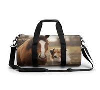Duffel Bag for Men Women Gym Bag Boat at Lake Shore Travel Duffel Bag Waterproof Overnight Bag for Sports Workout, Collie Dog and Horse Together, 17.7in/9in/9in