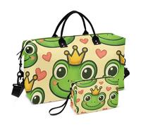 Duffel Bag for Travel & Make up Pouch Set of 2, Floral Womens Carry on Duffel Bags Cute Cartoon Frog Prince Crowns Luggage Duffle