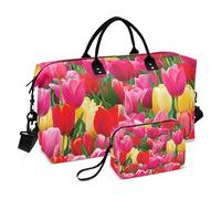 Duffel Bag for Travel & Toiletry Pouch Set of 2, Cute Womens Carry on Weekender Bags Colorful Tulips Red Pink Yellow Sports Dance Bag