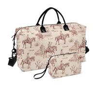 Duffel Bag Overnight Carry On Tote and Luggage Gym Bag with Toiletry Bag for Trekking Multifunctional, Vintage cowboy horse beige