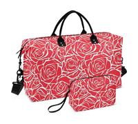 Duffel Bag Shoulder Weekender Overnight Bag Travel Tote Gym Bag with Toiletry Bag for Trip Multifunctional, Red rose flowers line drawing