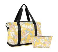 duffel bag Weekender Travel Overnight gym bag port duffel bag with Adjutable trap for Travel 2 Pc et, simple Line flower yellow white