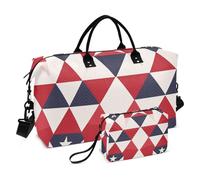 Duffle Bag 4th of July Blue Red Triangles Stars Carry On Shoulder Weekend Tote Bag with Toiletry Bag for Business Travel Foldable, 4th of July Blue Red Triangles Stars, Set of 2, Art Deco, July 4 Blue