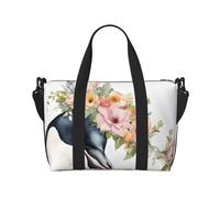 Duffle Bag Large Lightweight Foldable Print Weekender Bag Travel Bag Carry on Bag Overnight Bag, for Gym Sports Yoga Women, Penguin Wearing Flowers, Black, One Size