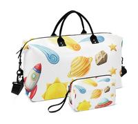 Duffle Bag Travel & Cosmetic Pouches Set of 2, Pastel Women Gym Duffle Bag Weekender Carry on Duffel Cute Watercolor Space