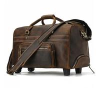 Duffle Bag with Wheels Men's Large Genuine Leather Travel Wheeled Duffel Cowhide Trolley Case 20" Brown Big Rolling Luggage Bag(Color02)