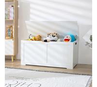 Duffy Wooden Toy Box Kids Bench and Storage Chest with Flip Top Lid, 2 Safety Hinges & Handles, Farmhouse Style Organizer for Toys, Clothes, Books (White)