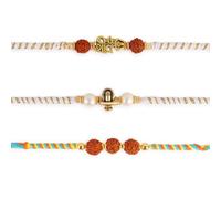 Dugan Om Rakhi for Brother Set of 3 akhi Set with Rakhi Greeting Card Roli Chawal Packet - Raksha bandhan Rudraksha Shiv Rakhi Bracelet for Brother Rakhi for Bhaiya - GMRK011